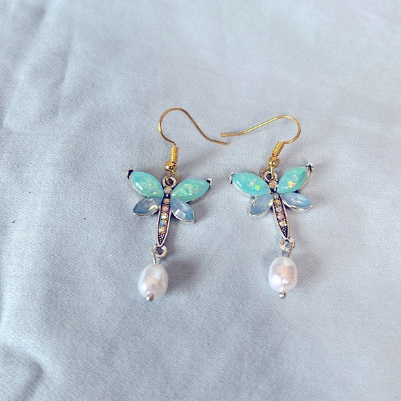 Dragonfly with Colorful Faux Opal Pearl AB Rhinestones Dangle Earrings - Picture 2 of 5